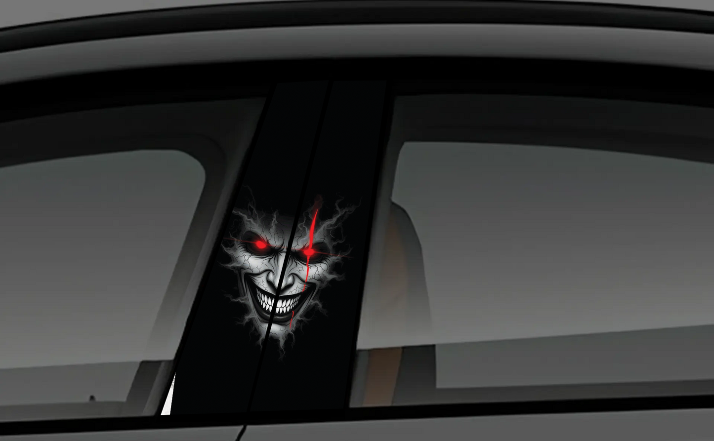 Evil Grinning Joker Face Red Eye Car B-Pillar Decal
