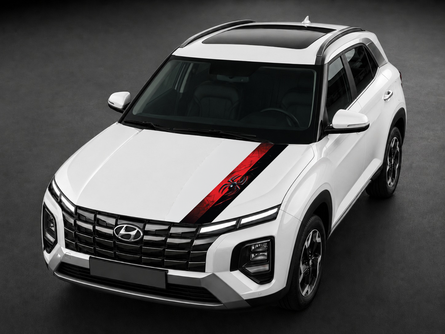 Crimson Spider bonnet wrap on white SUV bonnet