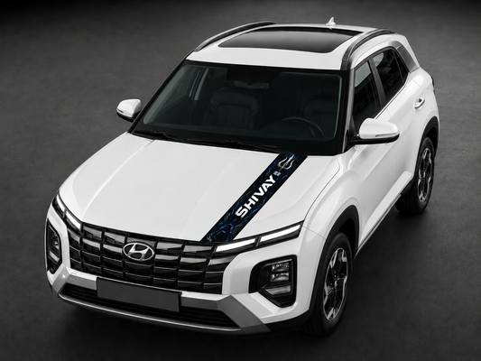 Shivay Mahadev blue bonnet wrap on white SUV bonnet