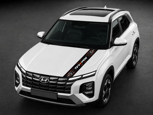 Mahakal Trishul saffron bonnet wrap on white SUV bonnet