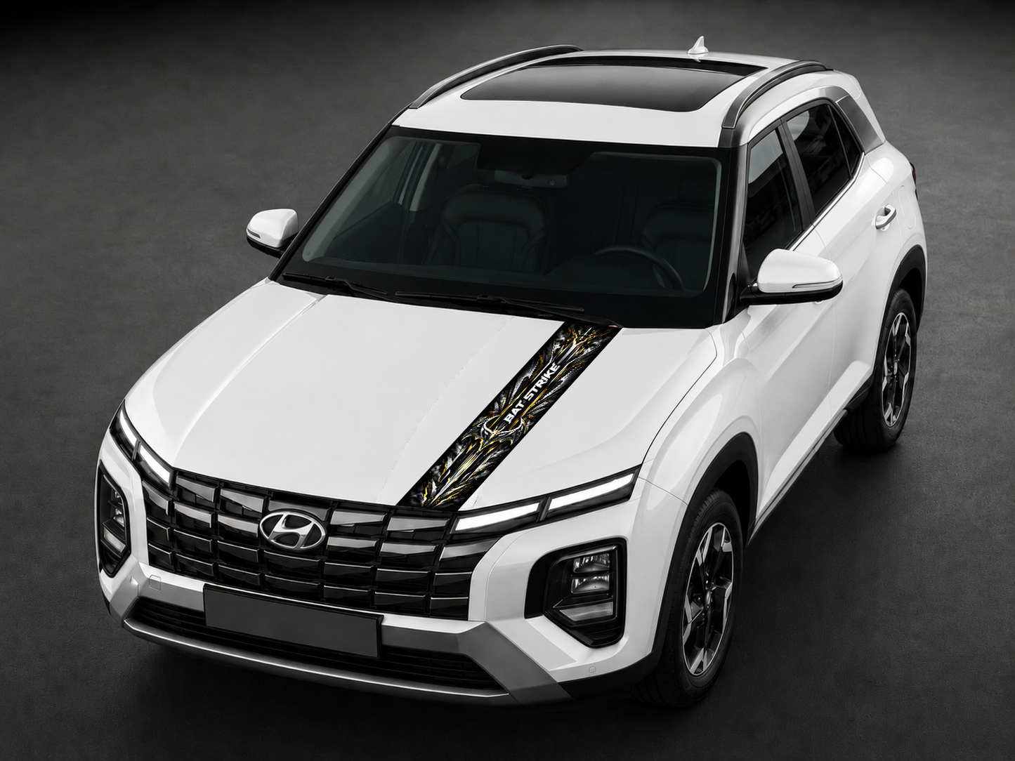 Bat Strike bonnet wrap on white SUV bonnet