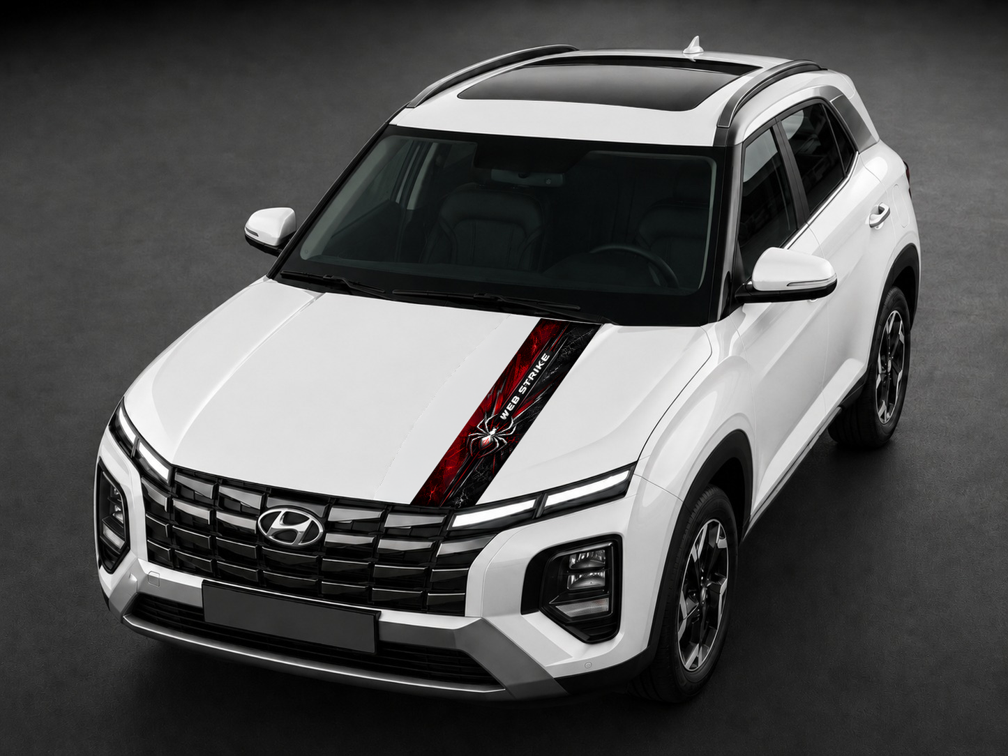 Web Strike bonnet wrap on white SUV bonnet