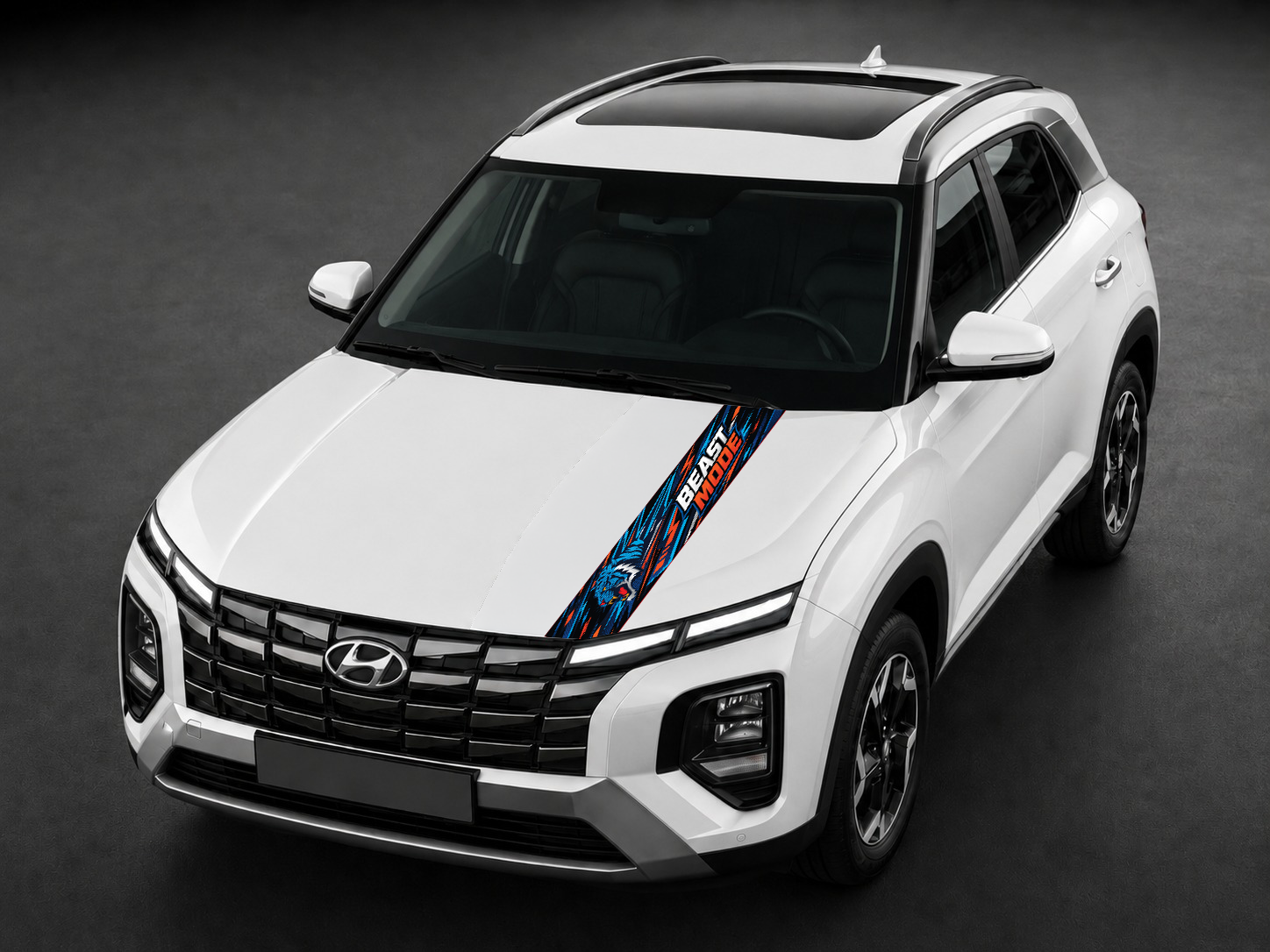 Beast Mode Tiger bonnet wrap on white SUV bonnet