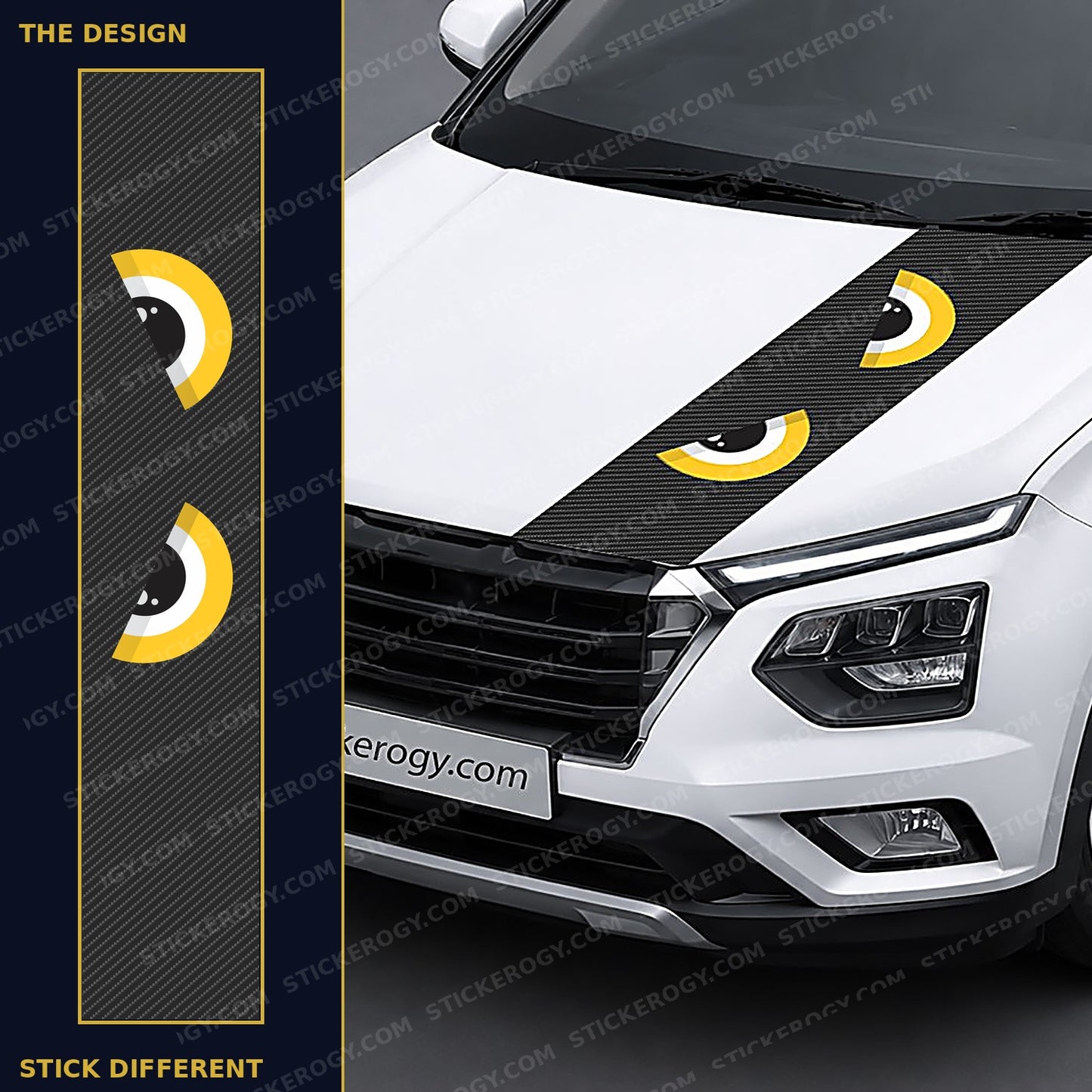 Angry Eyes Carbon car bonnet wrap design and on-car preview