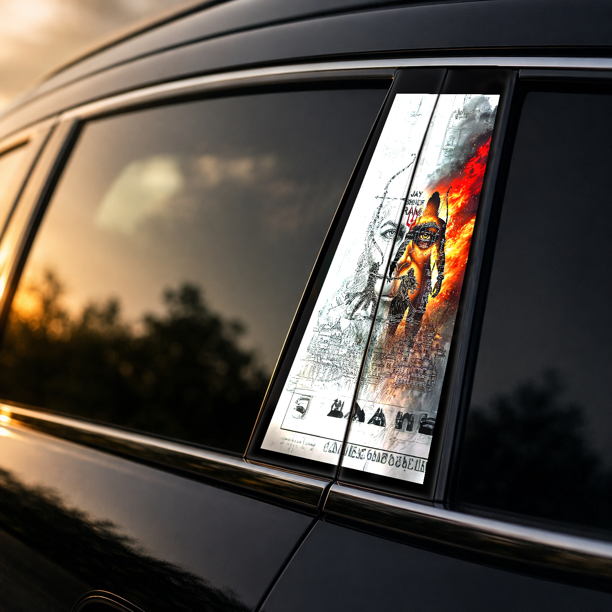 Golden hour on-car B-pillar wrap mockup