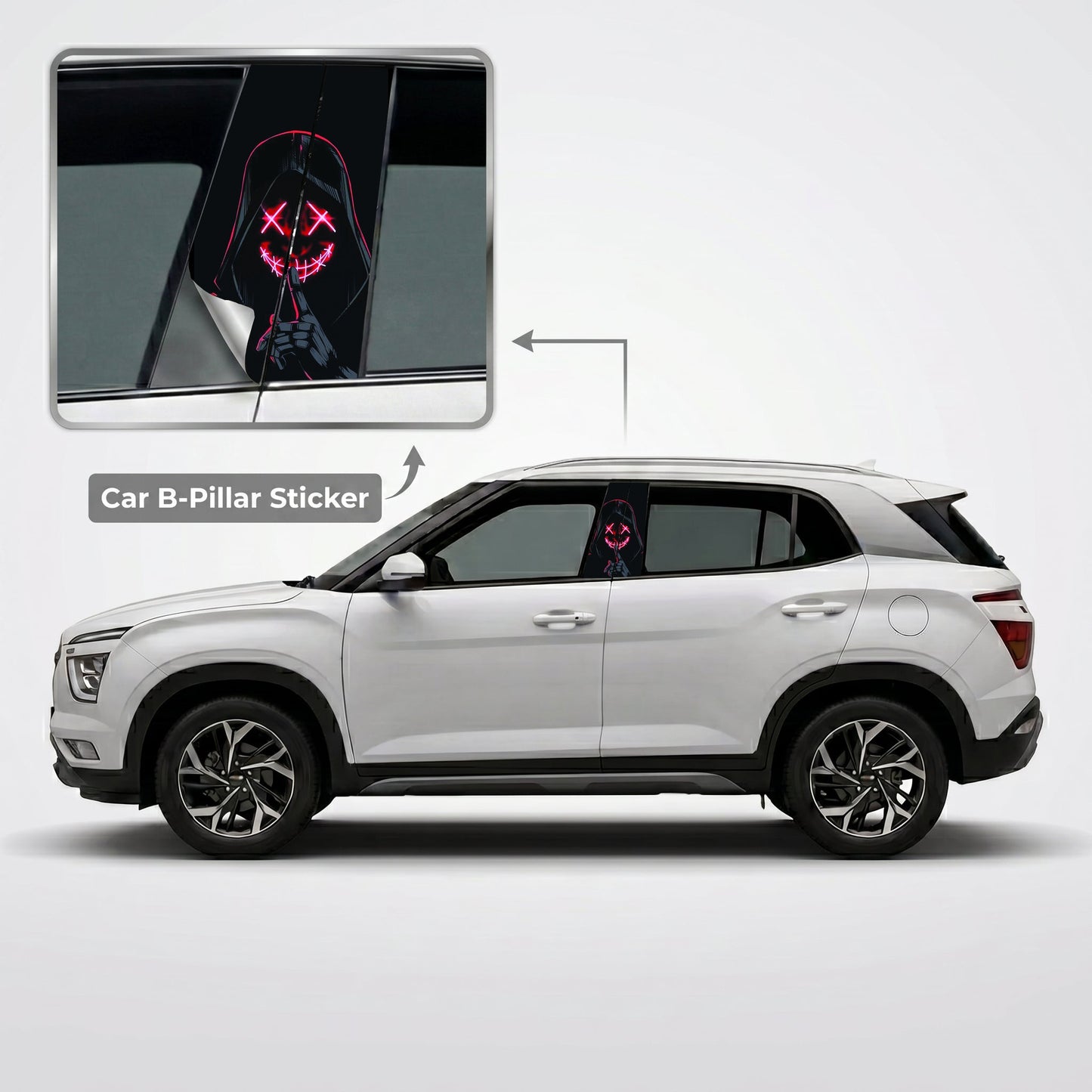 Neon Red Eyes XOXO Car B-Pillar Wrap on Hyundai Creta