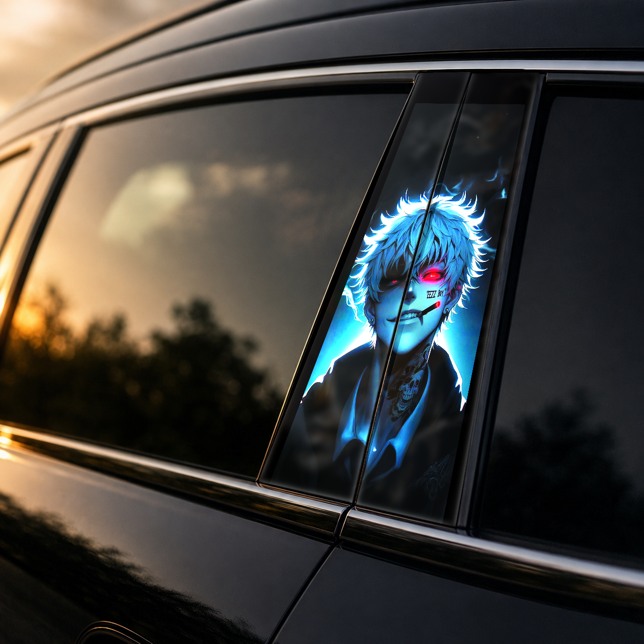 Golden hour on-car B-pillar wrap mockup