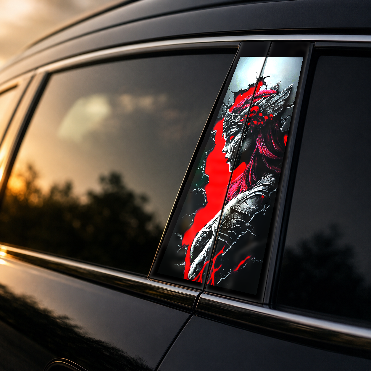 Golden hour on-car B-pillar wrap mockup