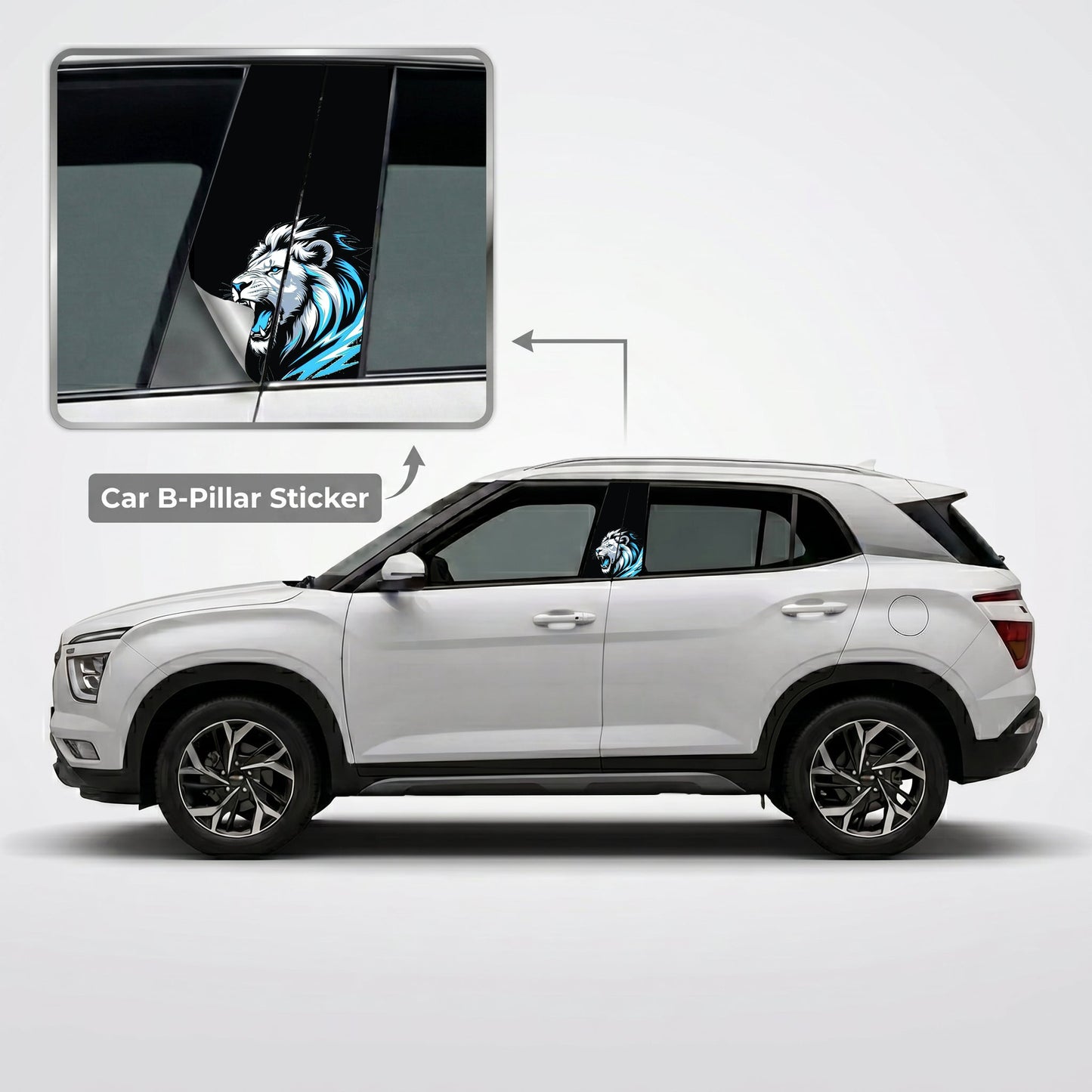 White Lion Blue Splatter Car B-Pillar Wrap on Hyundai Creta