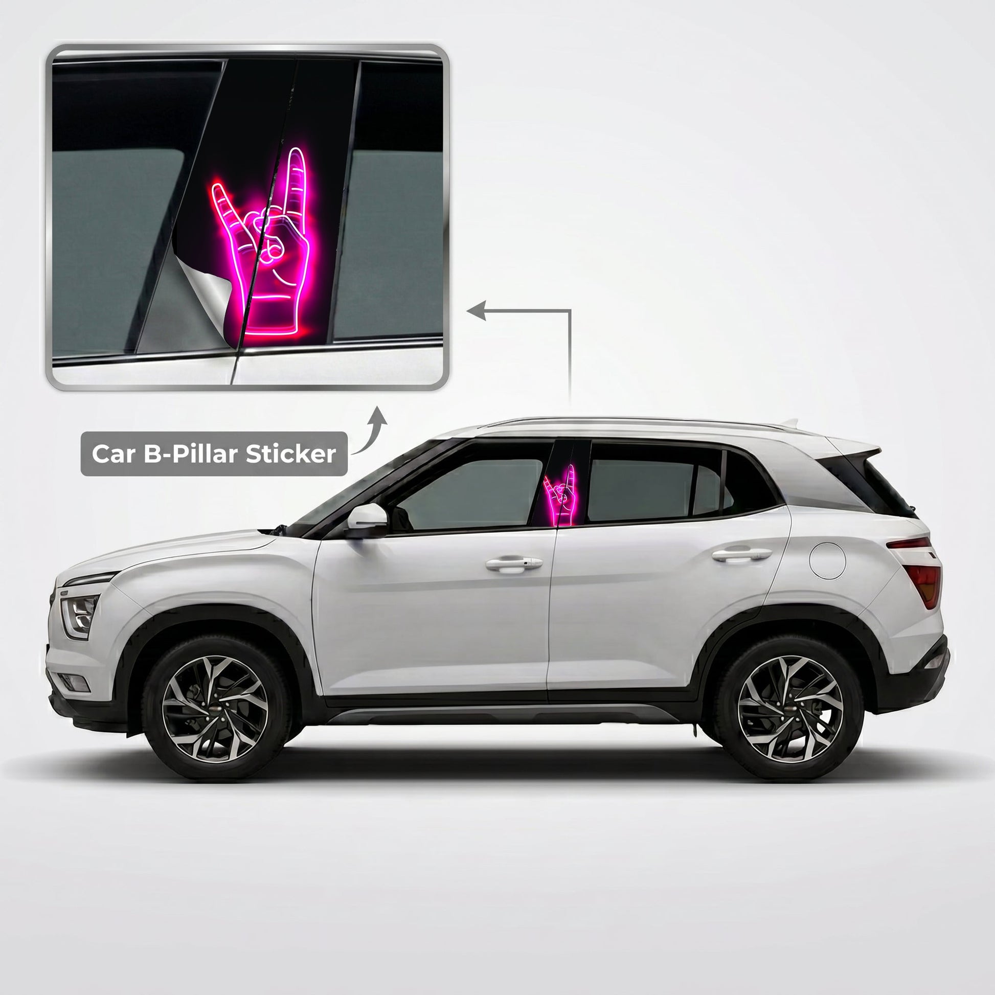 Neon Red Swag Hand Gesture Car B-Pillar Wrap on Hyundai Creta