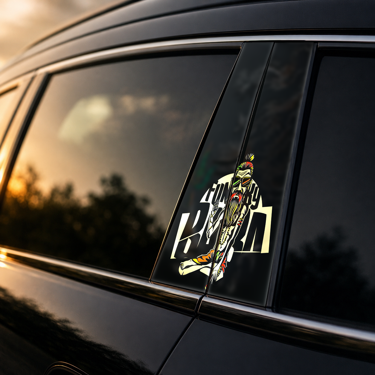 Golden hour on-car B-pillar wrap mockup