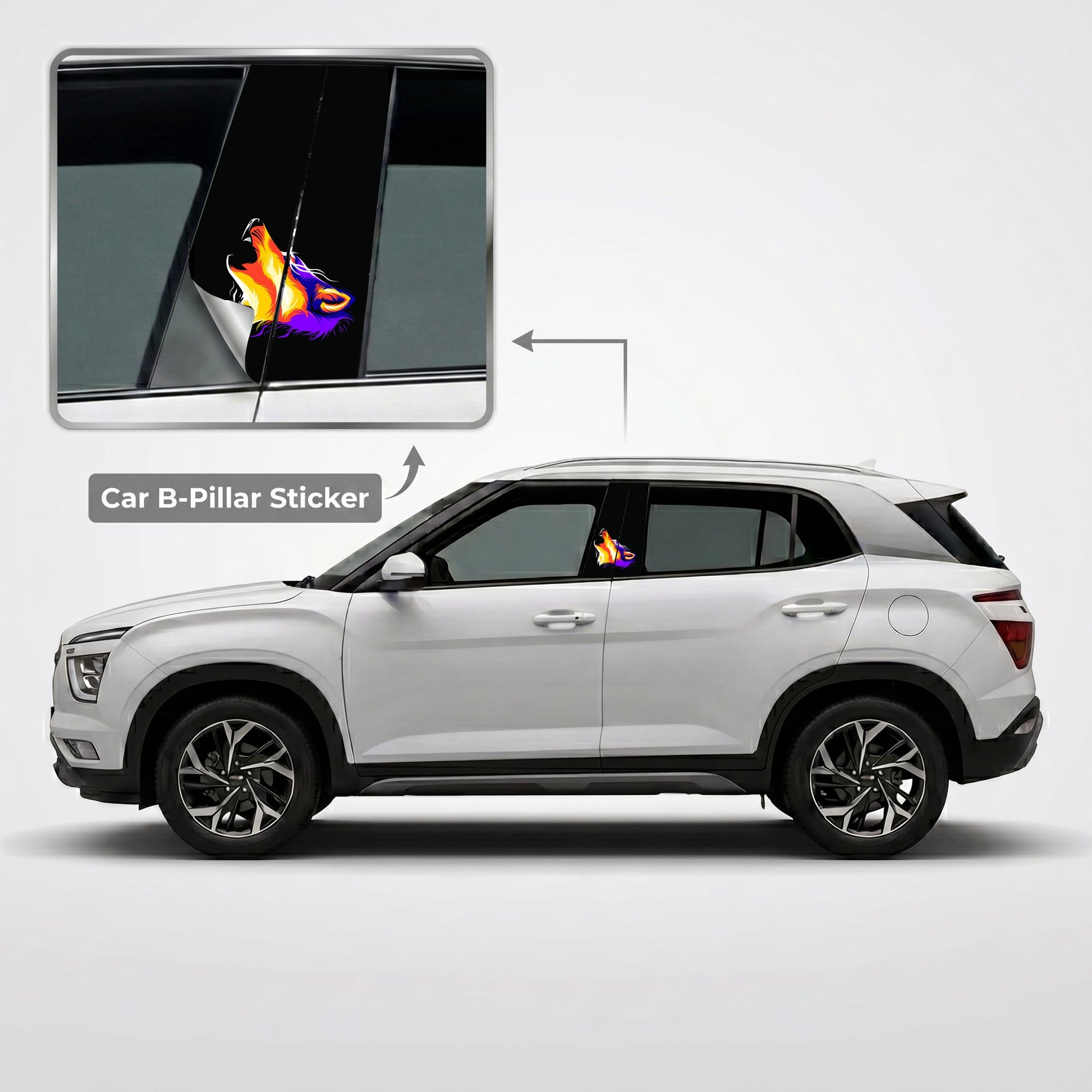 Golden Howling Wolf Car B-Pillar Wrap on Hyundai Creta