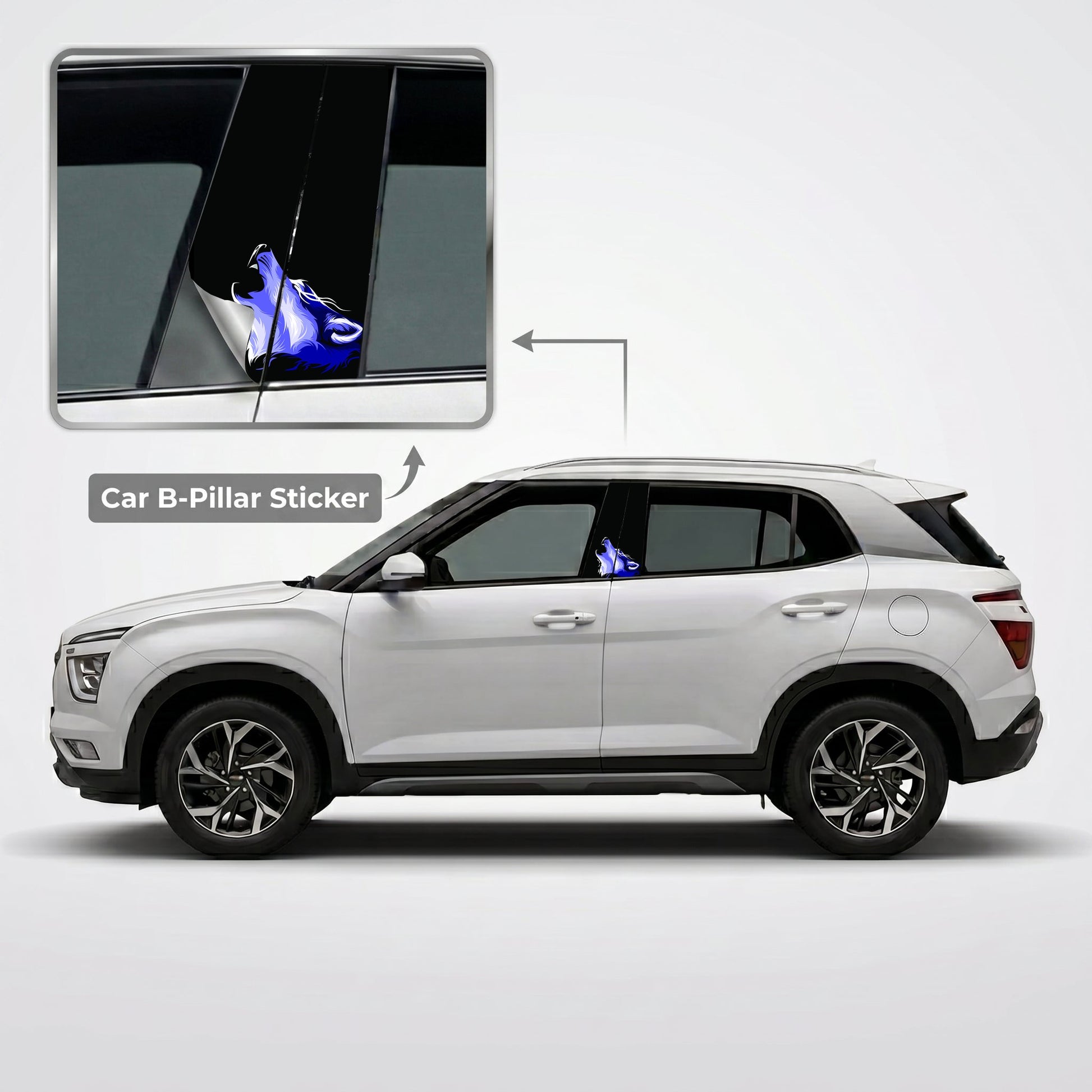 Midnight Frost Howling Wolf Car B-Pillar Wrap on Hyundai Creta