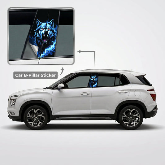 Angry Blue Wolf Car B-Pillar Wrap on Hyundai Creta