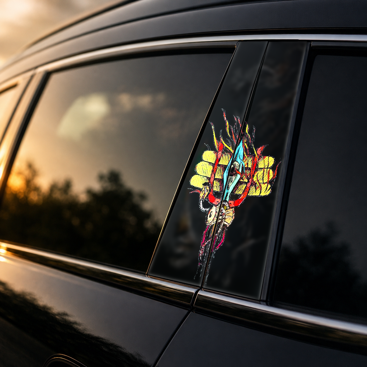 Golden hour on-car B-pillar wrap mockup