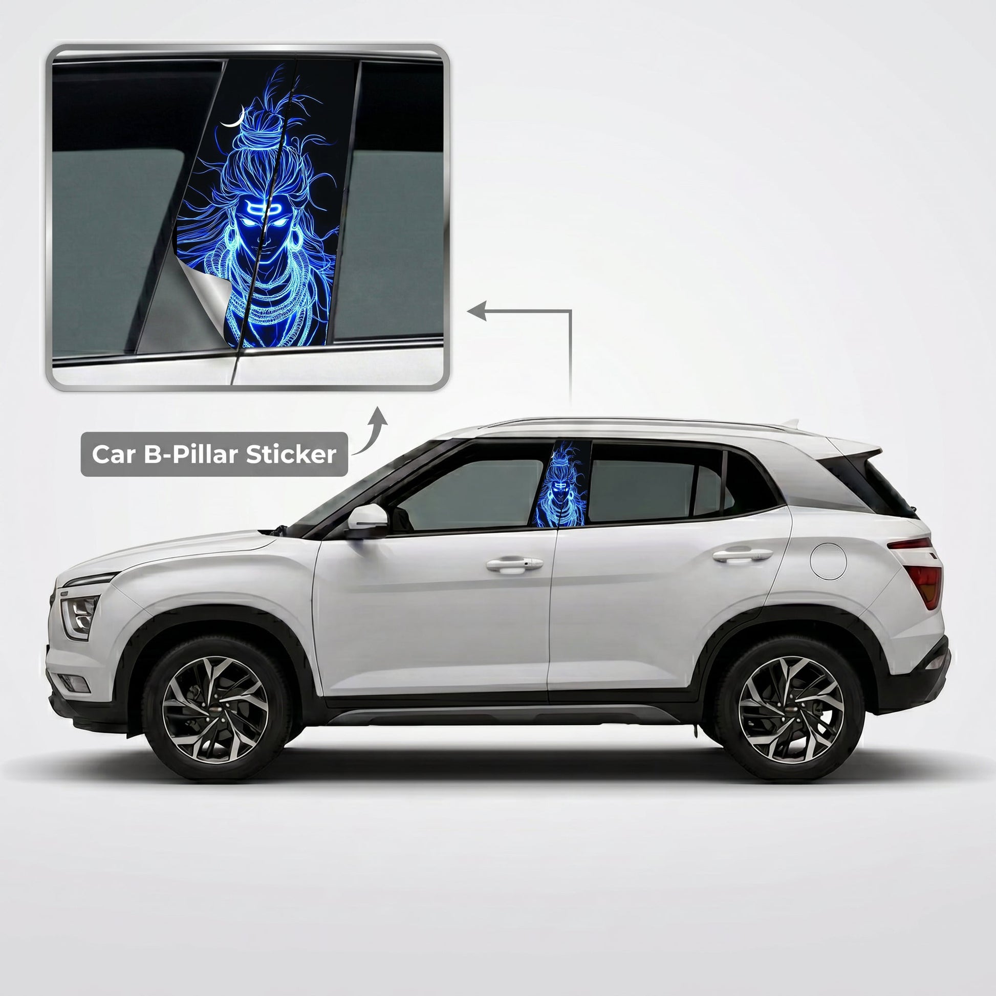 Blue Neon Shiva Car B-Pillar Wrap on Hyundai Creta