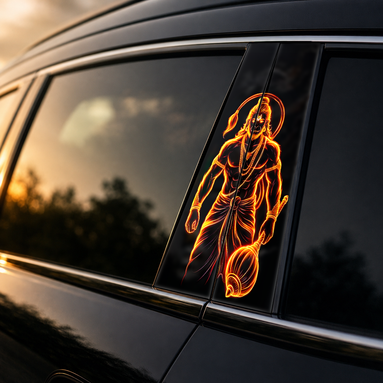 Neon Fire Hanuman Car B-Pillar Wrap - golden hour on-car mockup