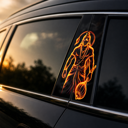 Neon Fire Hanuman Car B-Pillar Wrap - golden hour on-car mockup