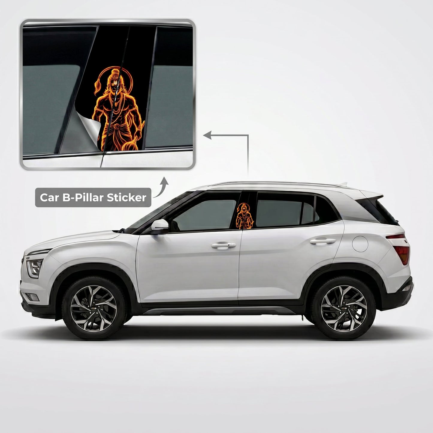 Neon Fire Hanuman Car B-Pillar Wrap on Hyundai Creta
