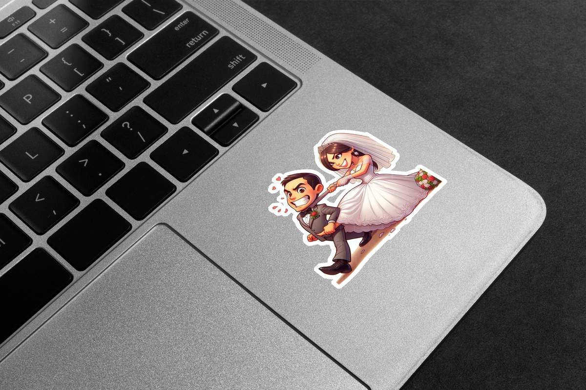 Just Married Bride Pulling Groom Premium Vinyl Stickers