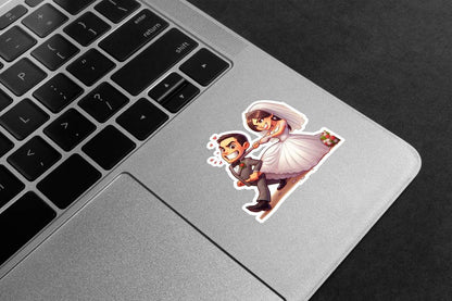 Just Married Bride Pulling Groom Premium Vinyl Stickers