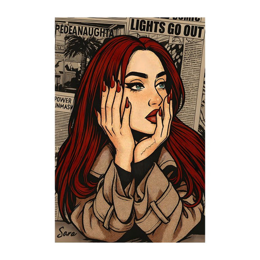 Girl in Red hair  Posing before Newspaper