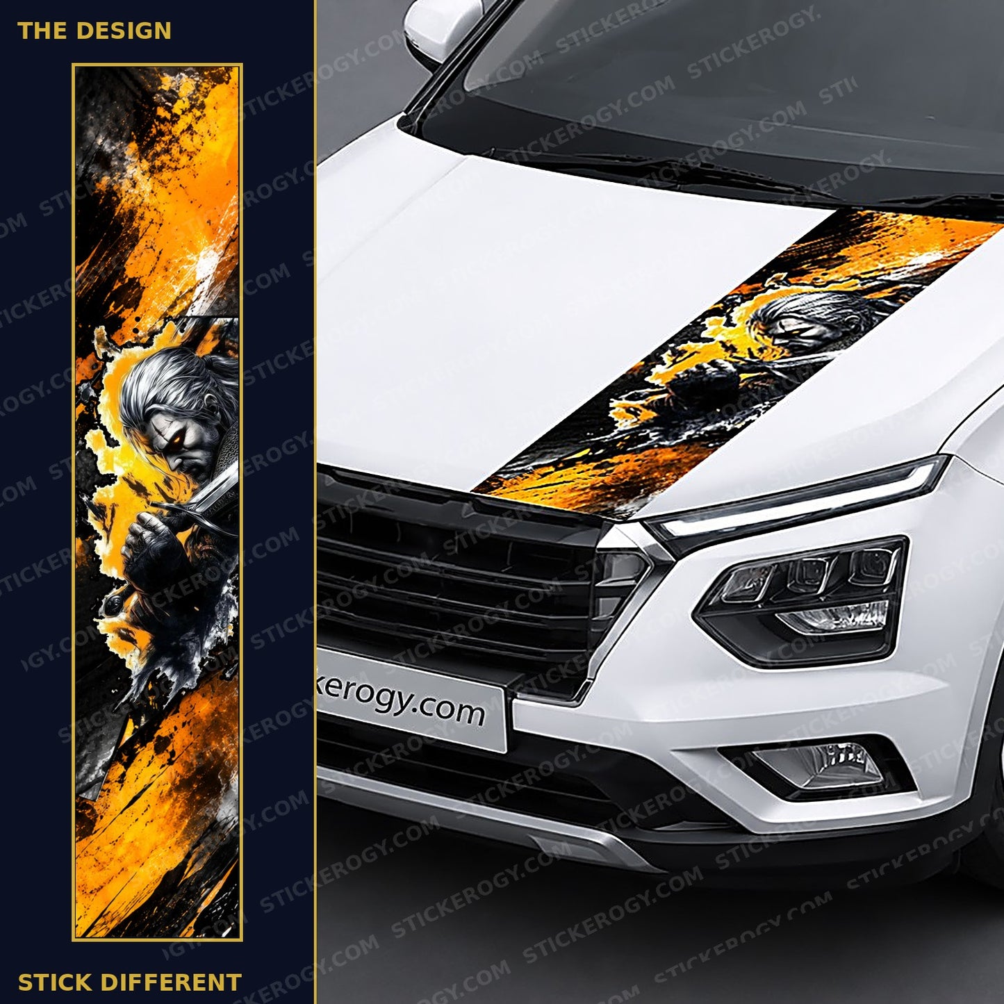 Blazing Swordsman car bonnet wrap design and on-car preview