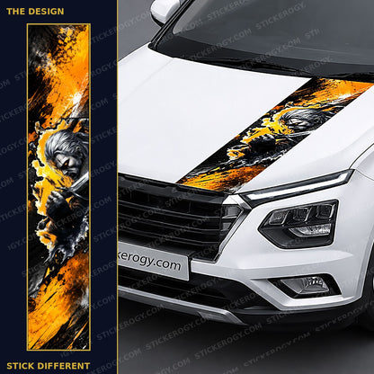 Blazing Swordsman car bonnet wrap design and on-car preview