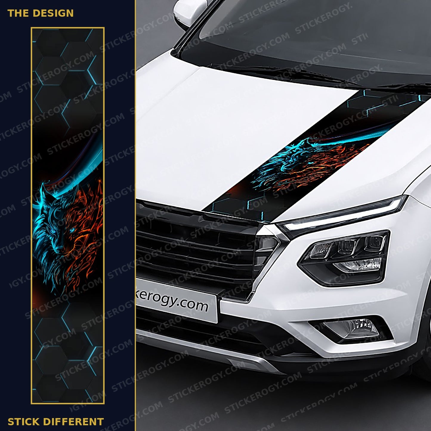 Ice and Fire Wolf car bonnet wrap design and on-car preview