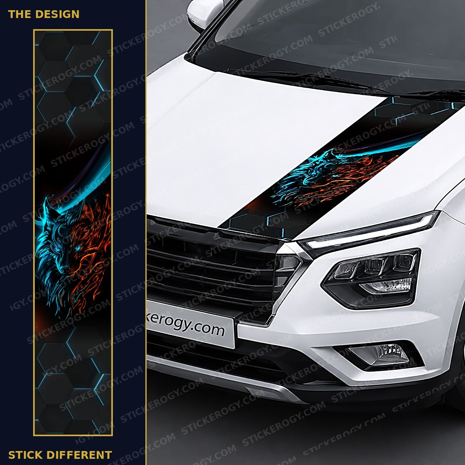 Ice and Fire Wolf car bonnet wrap design and on-car preview