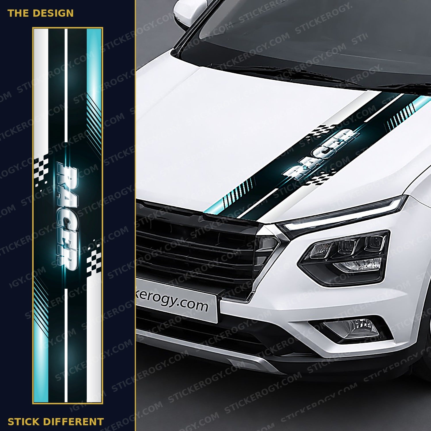 Racer car bonnet wrap design and on-car preview