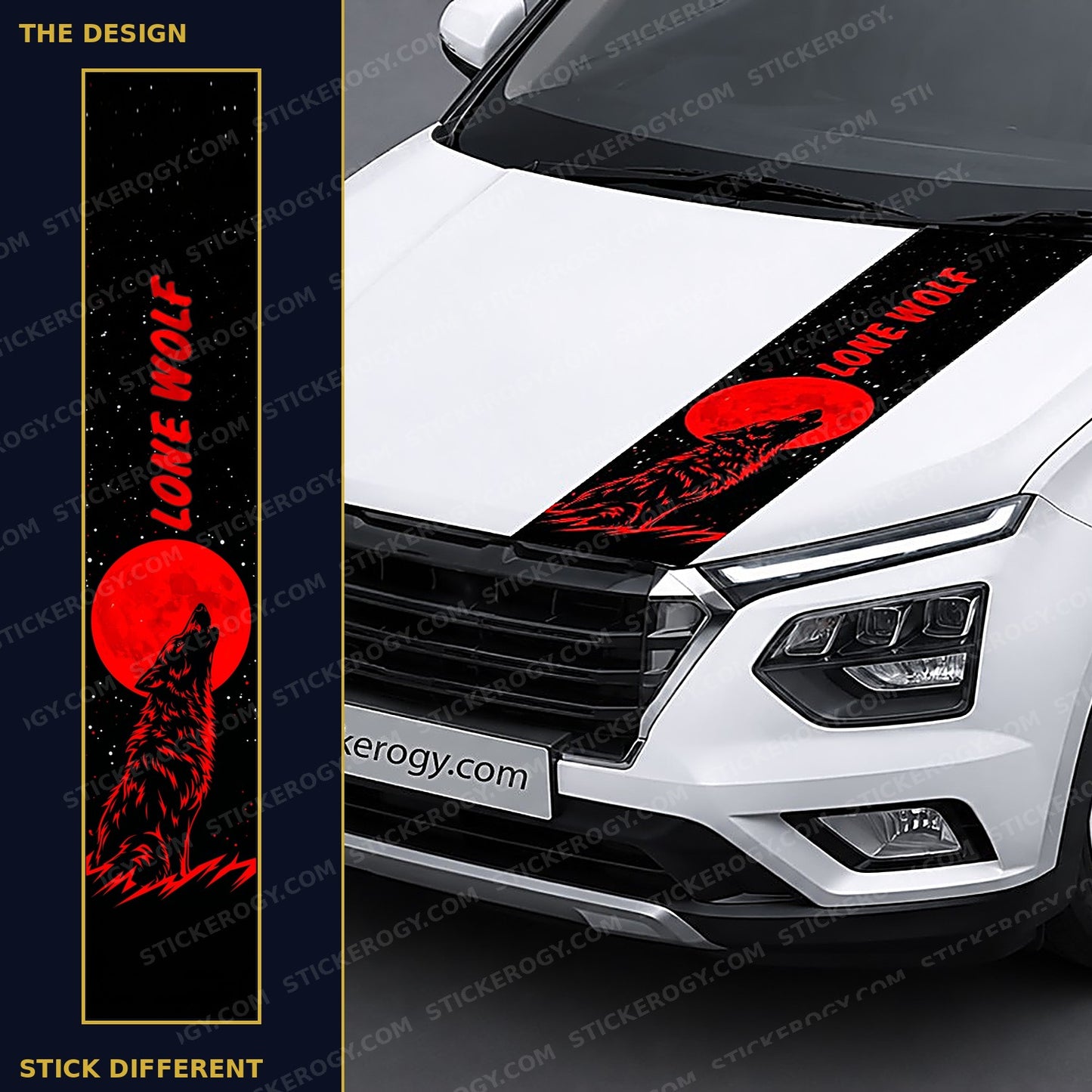 Lone Wolf car bonnet wrap design and on-car preview