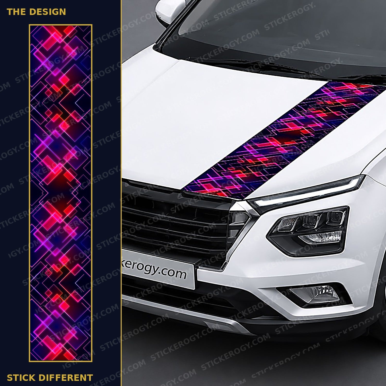 Neon Grid car bonnet wrap design and on-car preview