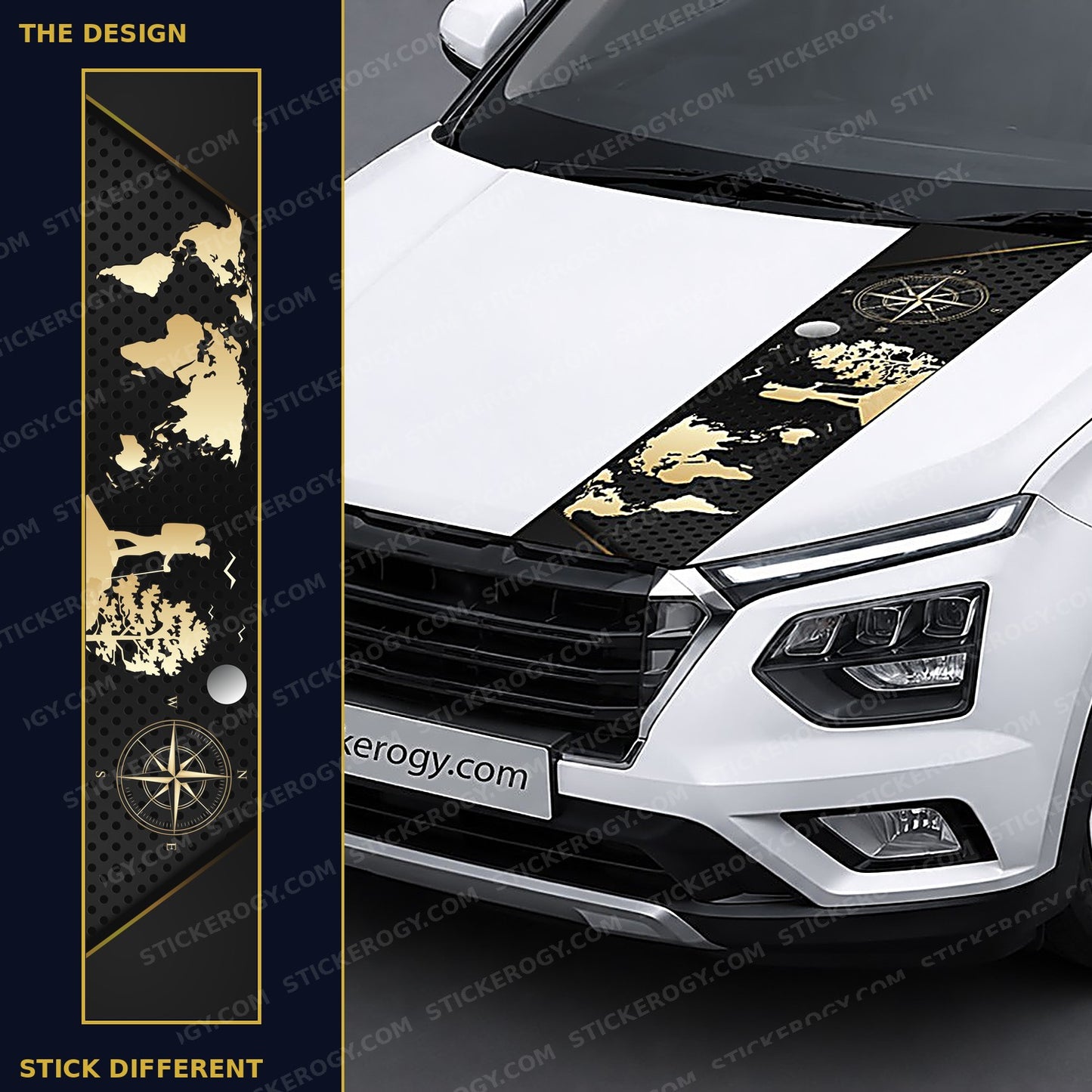 Wanderlust Map car bonnet wrap design and on-car preview